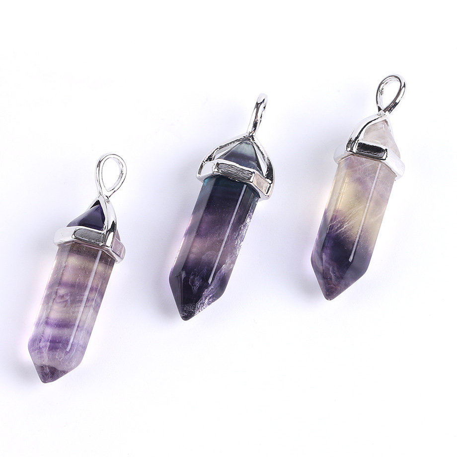 CSJA Fluorite Necklaces Crystal Pendants Suspension Natural Gem Stone Quartz Bullet Hexagonal Pendulum Reiki Chakra pendulo E546