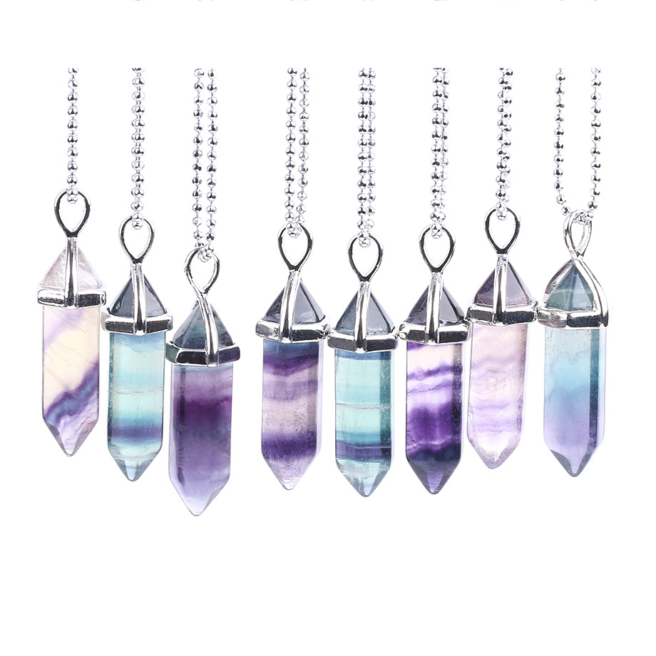 CSJA Fluorite Necklaces Crystal Pendants Suspension Natural Gem Stone Quartz Bullet Hexagonal Pendulum Reiki Chakra pendulo E546