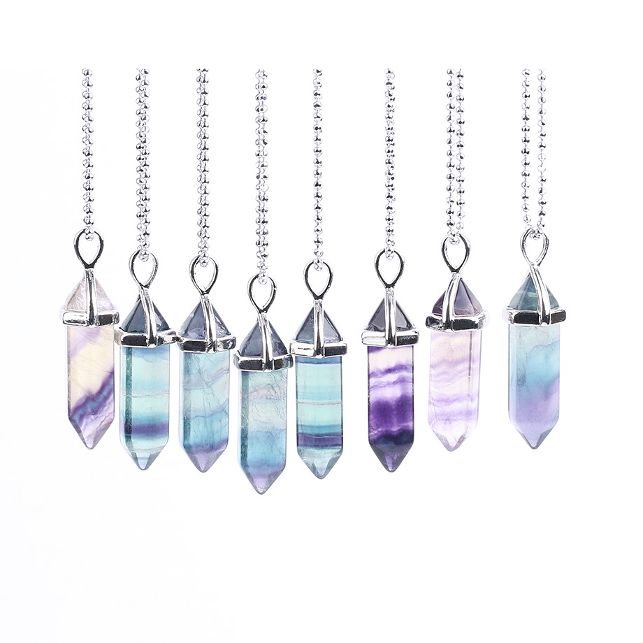 CSJA Fluorite Necklaces Crystal Pendants Suspension Natural Gem Stone Quartz Bullet Hexagonal Pendulum Reiki Chakra pendulo E546