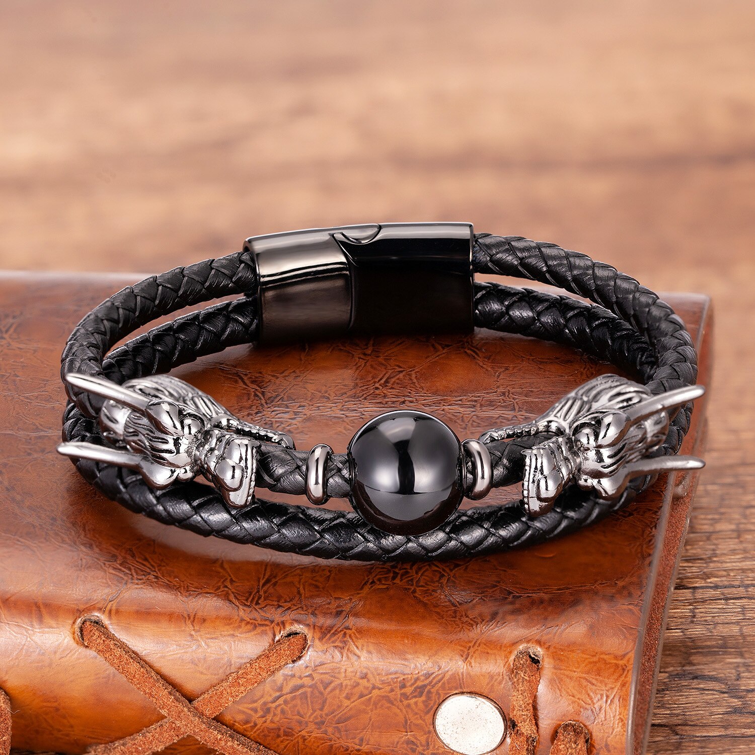 Luxury Stainless Steel Bracelets For Men Round Tiger Eye Natural Stone Dragon Shape Metal Leather Bangles Gifts For The New Year