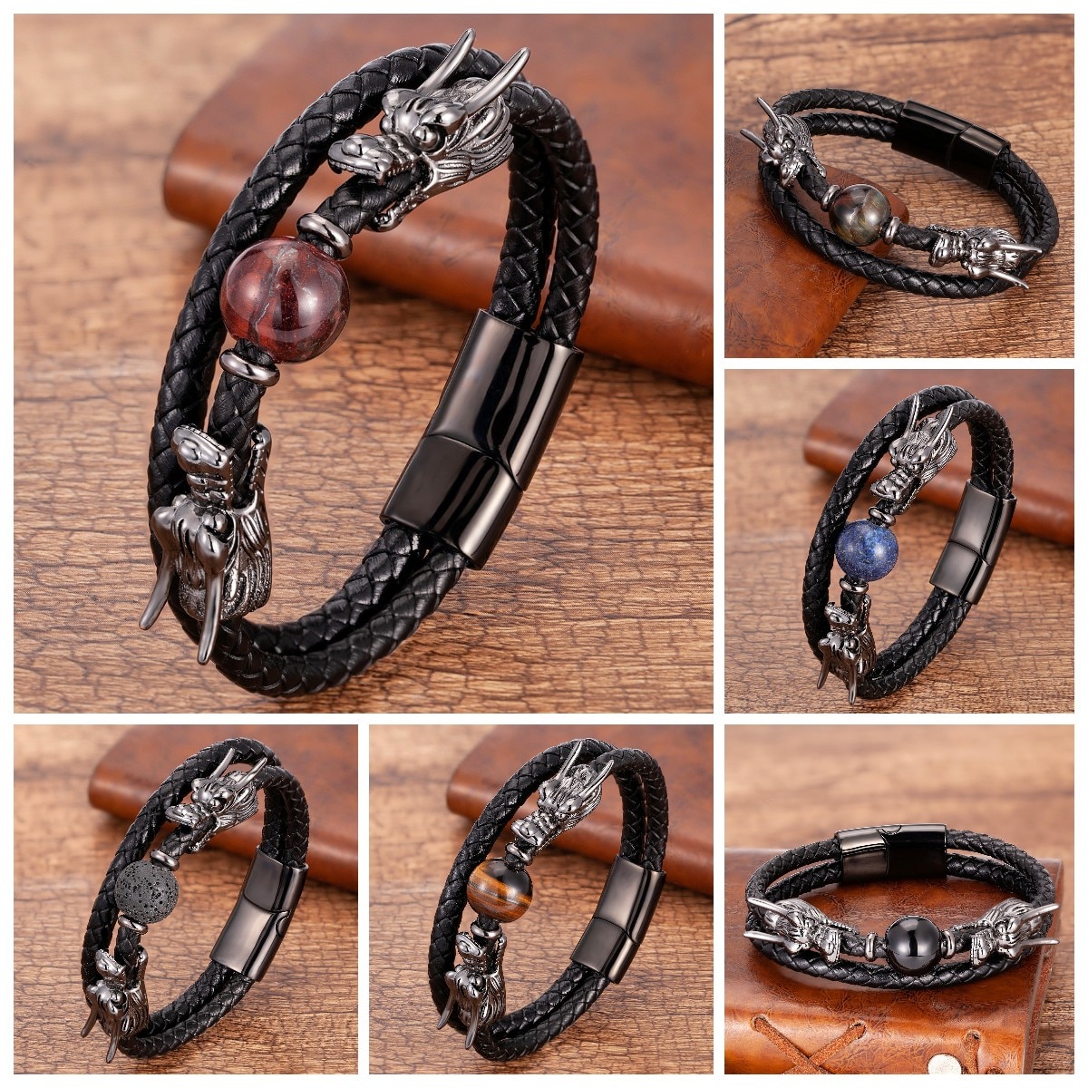 Luxury Stainless Steel Bracelets For Men Round Tiger Eye Natural Stone Dragon Shape Metal Leather Bangles Gifts For The New Year Luxury Stainless Steel Bracelets For Men Round Tiger Eye Natural Stone Dragon Shape Metal Leather Bangles Gifts For The New Year