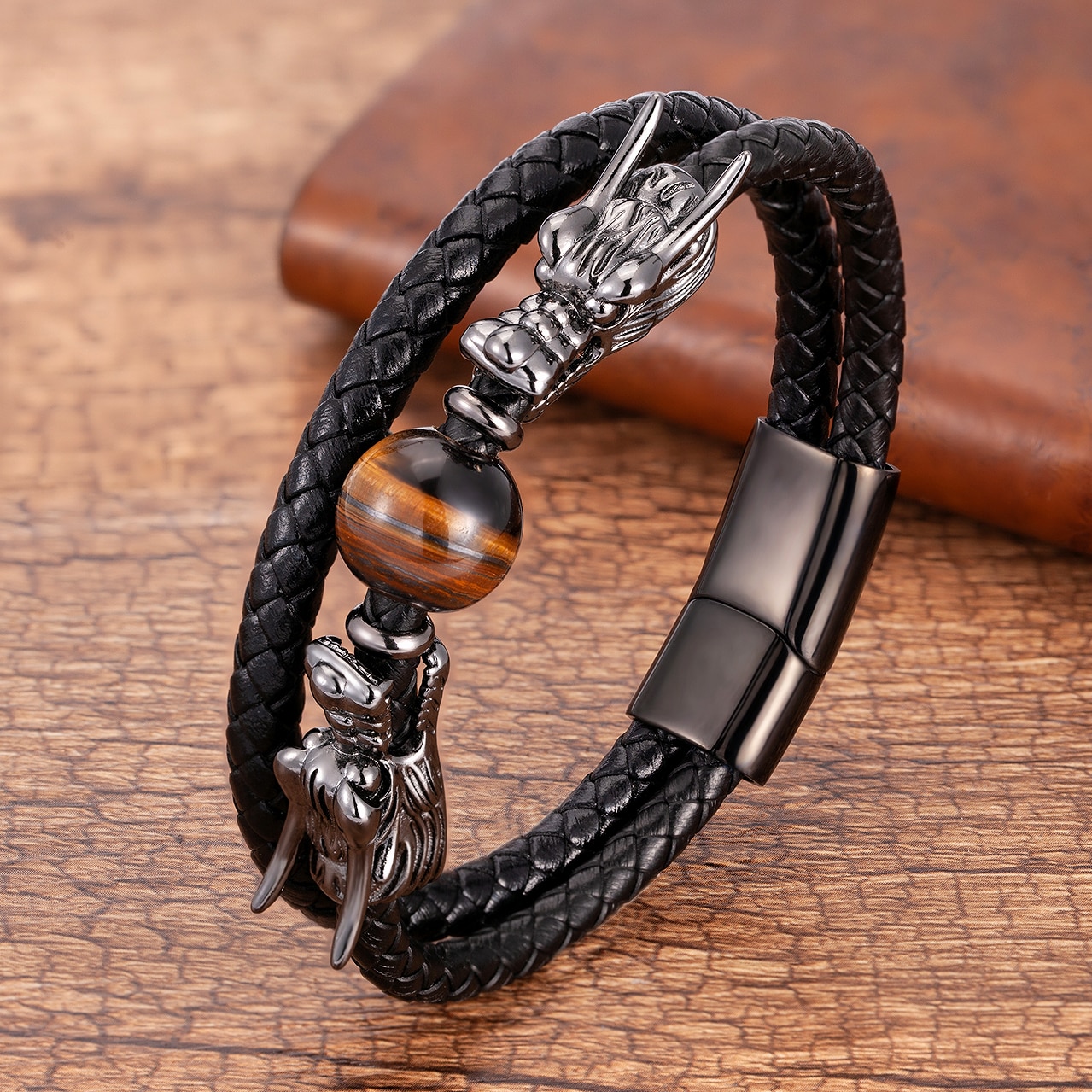 Luxury Stainless Steel Bracelets For Men Round Tiger Eye Natural Stone Dragon Shape Metal Leather Bangles Gifts For The New Year Luxury Stainless Steel Bracelets For Men Round Tiger Eye Natural Stone Dragon Shape Metal Leather Bangles Gifts For The New Year