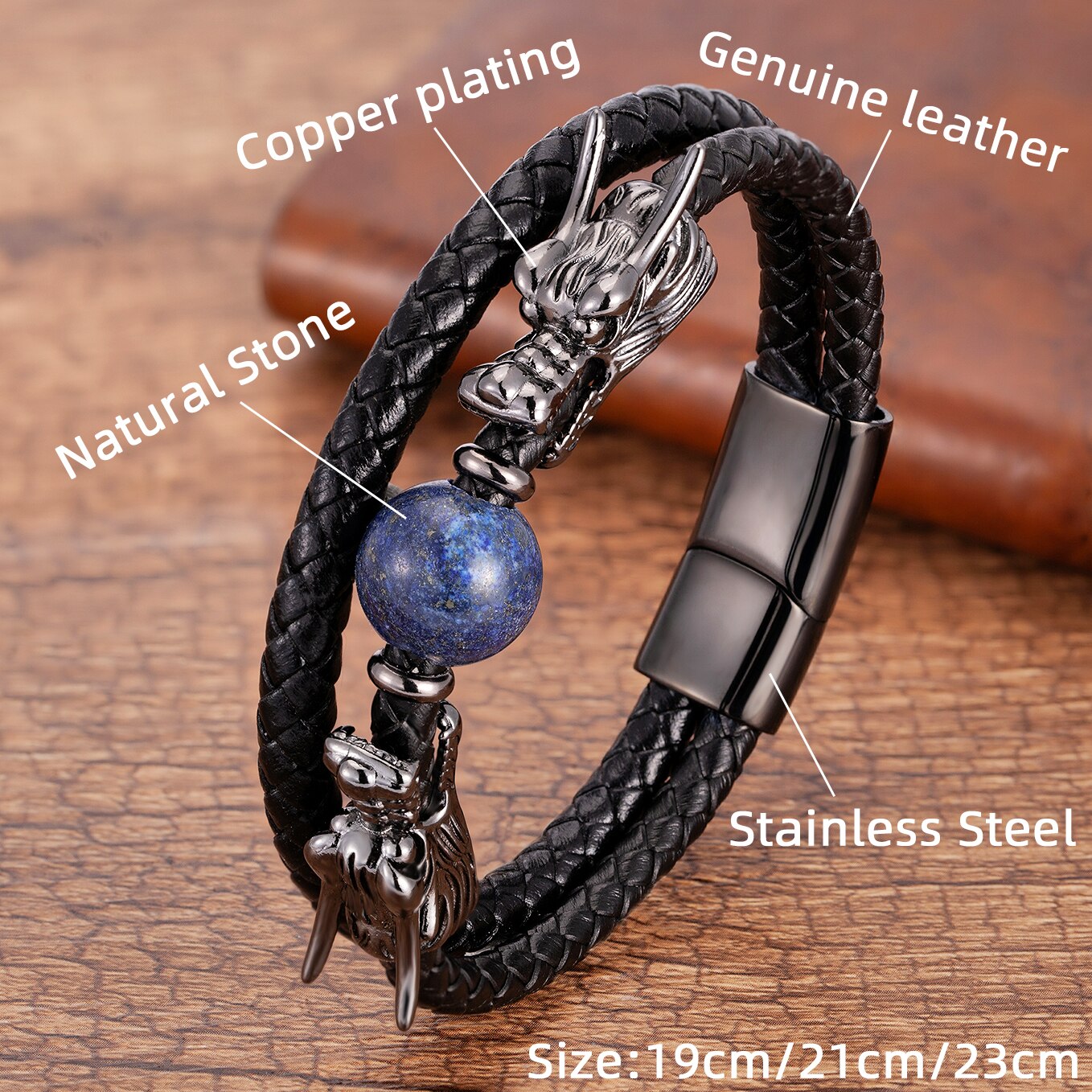 Luxury Stainless Steel Bracelets For Men Round Tiger Eye Natural Stone Dragon Shape Metal Leather Bangles Gifts For The New Year