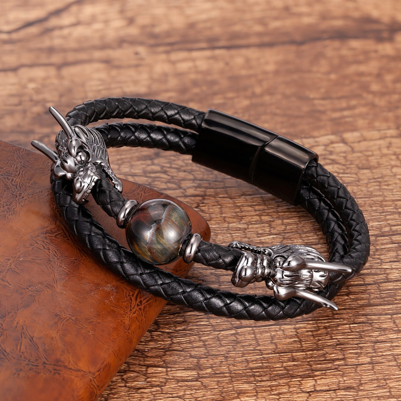 Luxury Stainless Steel Bracelets For Men Round Tiger Eye Natural Stone Dragon Shape Metal Leather Bangles Gifts For The New Year
