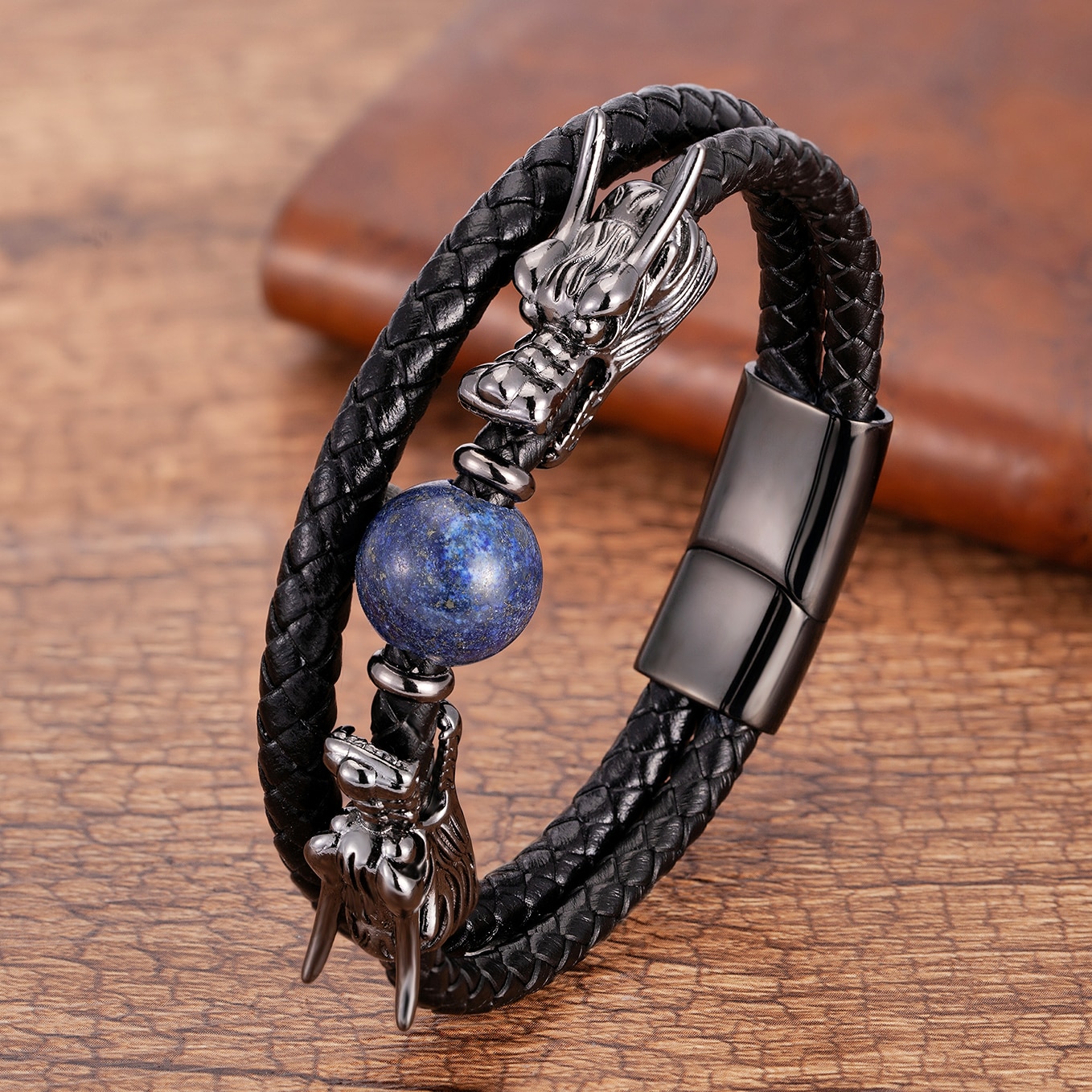 Luxury Stainless Steel Bracelets For Men Round Tiger Eye Natural Stone Dragon Shape Metal Leather Bangles Gifts For The New Year Luxury Stainless Steel Bracelets For Men Round Tiger Eye Natural Stone Dragon Shape Metal Leather Bangles Gifts For The New Year