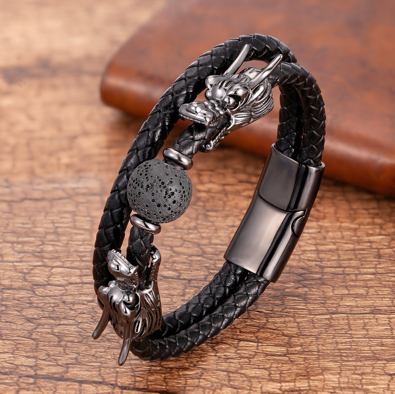 Luxury Stainless Steel Bracelets For Men Round Tiger Eye Natural Stone Dragon Shape Metal Leather Bangles Gifts For The New Year Luxury Stainless Steel Bracelets For Men Round Tiger Eye Natural Stone Dragon Shape Metal Leather Bangles Gifts For The New Year
