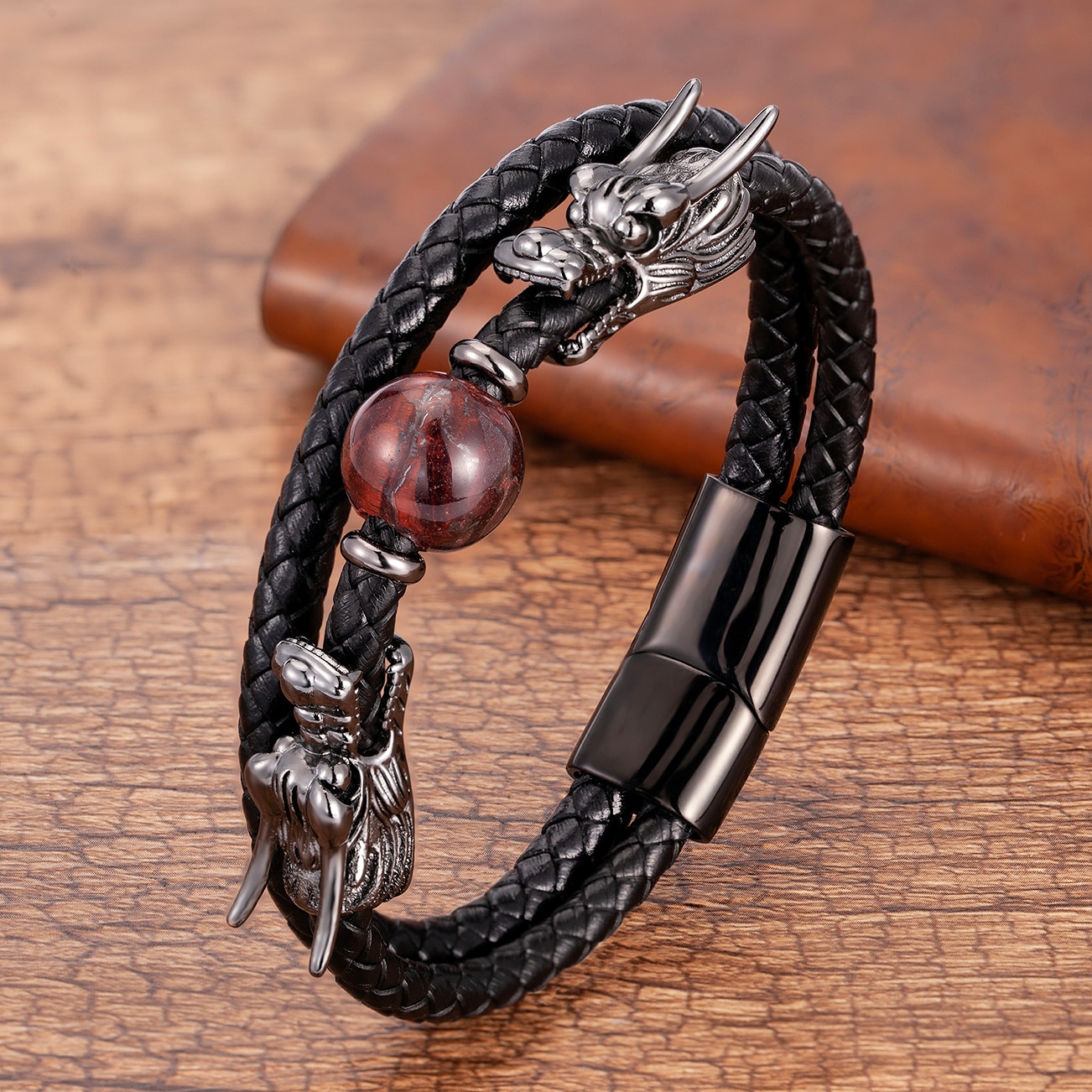 Luxury Stainless Steel Bracelets For Men Round Tiger Eye Natural Stone Dragon Shape Metal Leather Bangles Gifts For The New Year Luxury Stainless Steel Bracelets For Men Round Tiger Eye Natural Stone Dragon Shape Metal Leather Bangles Gifts For The New Year