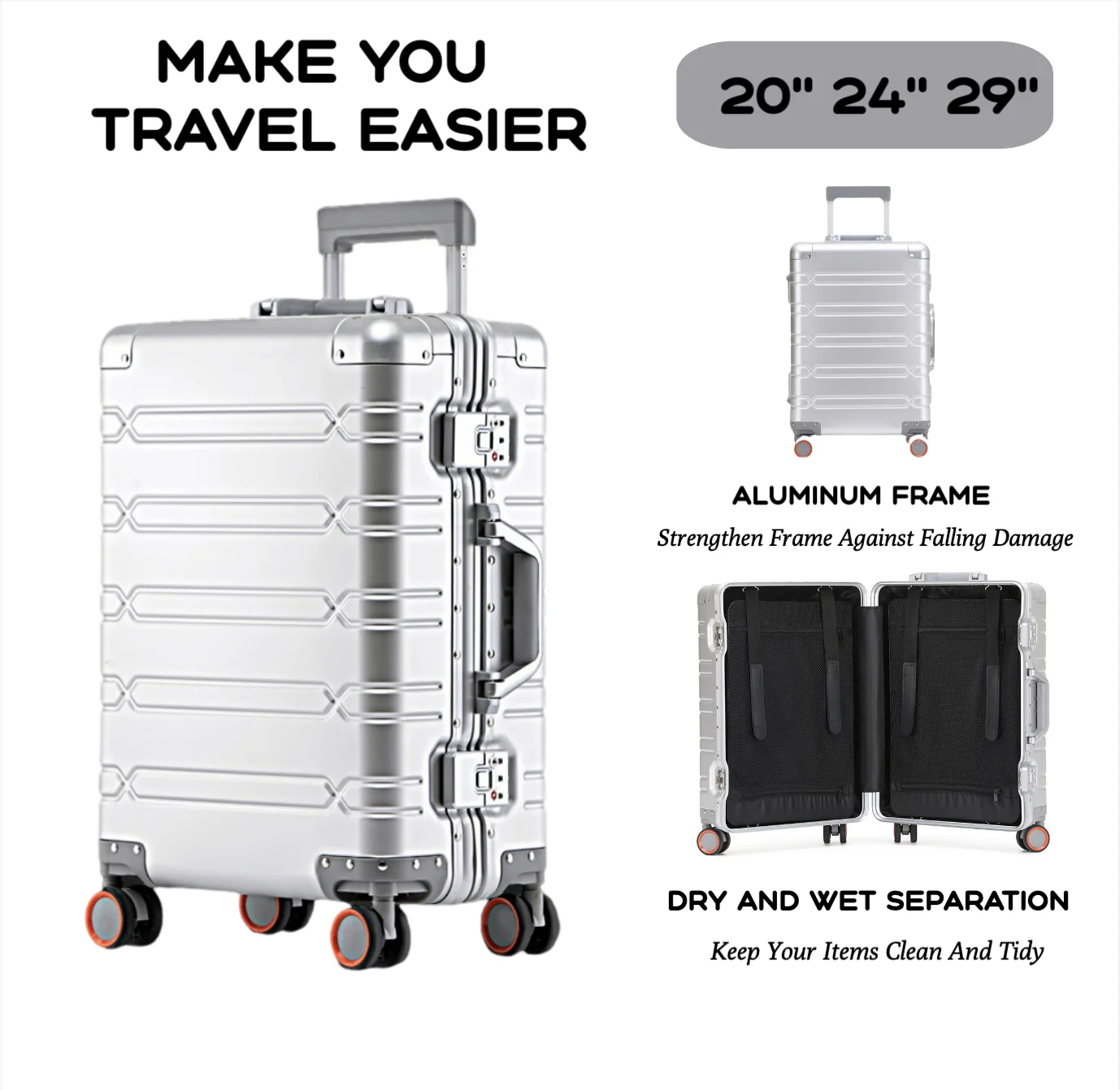 2024 New Large Capacity Durable Luggage Sets Aluminum Suitcase Women Girl Carry-On Boarding Travel 20/24/29 2024 New Large Capacity Durable Luggage Sets Aluminum Suitcase Women Girl Carry-On Boarding Travel 20/24/29