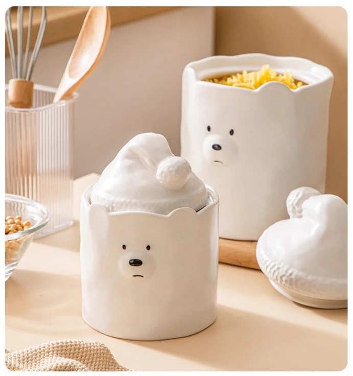 White Ceramic Bear Storage Jar Food Grains Dried Fruit Storage Jar Moisture-proof Snacks Storage Jar Kitchen Accessories 750ML