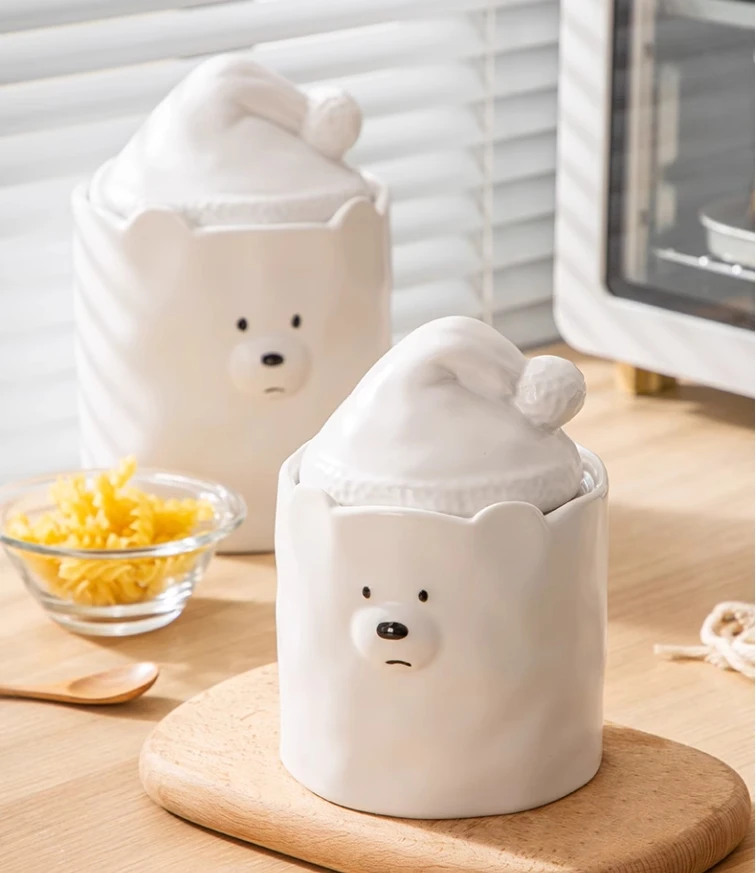 White Ceramic Bear Storage Jar Food Grains Dried Fruit Storage Jar Moisture-proof Snacks Storage Jar Kitchen Accessories 750ML