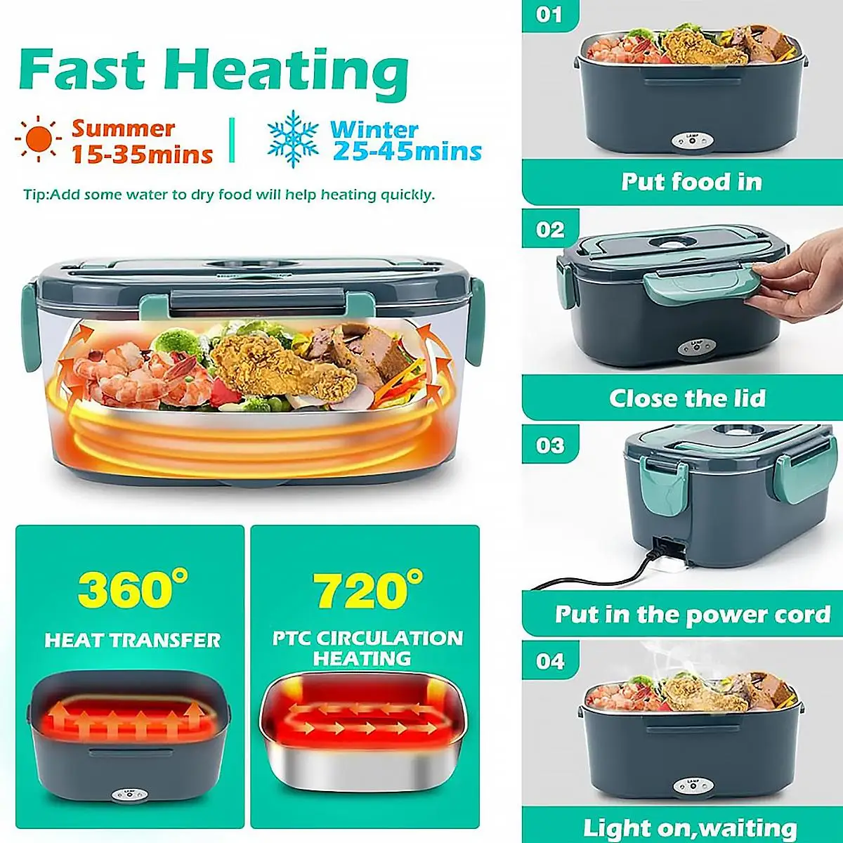 1.5 L 60W Electric Lunch Box Food Warmer Portable Food Heater for Car Or Home – Leak Proof 304 Stainless Steel Liner 1.5 L 60W Electric Lunch Box Food Warmer Portable Food Heater for Car Or Home - Leak Proof 304 Stainless Steel Liner